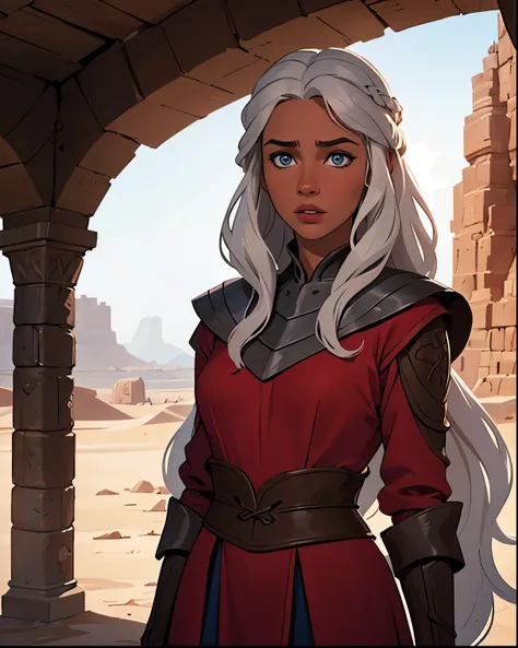 Woman with brown skin, full lips, blue eyes, nubian nose, Long silver hair, in a flowing layered red medieval dress, petite body, , desert background, game of thrones, Masterpiece, top quality, effective use of light and shadow, Realistic and realistic car...