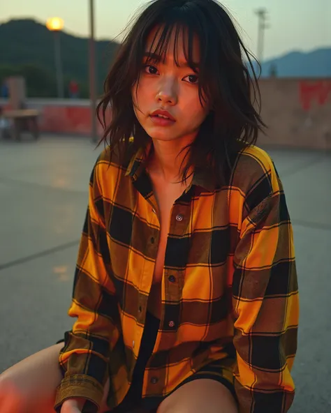 (((Full body view))), Cinematic photography of a tall skinny beautiful Korea sensual actress Bae Doona with only wearing a very very revealing halftone-pattern yellow and black oversized flannel shirt and thigh-high boots is kneeling sensually inside an em...