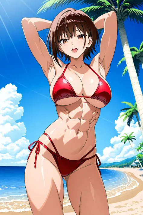 score 9 、score 8 up、score 7 up、source anime、 Masterpiece、 top quality、 Hi-Res、anime coloring、1woman、 anime woman  in bikini posing on beach with palm tree in background、alone、Woman with short brown hair、Brown eyed woman、Bikini、Tall Woman、Bikini top with an...