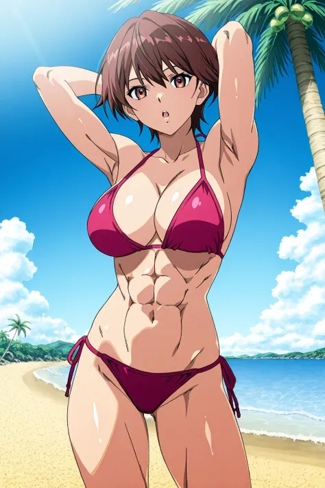 score 9 、score 8 up、score 7 up、source anime、 Masterpiece、 top quality、 Hi-Res、anime coloring、1woman、 anime woman  in bikini posing on beach with palm tree in background、alone、Woman with short brown hair、Brown eyed woman、Bikini、Tall Woman、Bikini top with an...