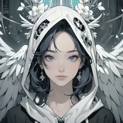 (((  Masterpiece,   top quality )))、(((32K Wallpapers)))、 Mechanical Wings  、  perfect face  、  detailed hair  、  headshot   、 Lots of white flowers 、 gorgeous light leak、grim Reaper  、(((  detailed and complex futuristic mechanical wings)))、((( beautiful ...