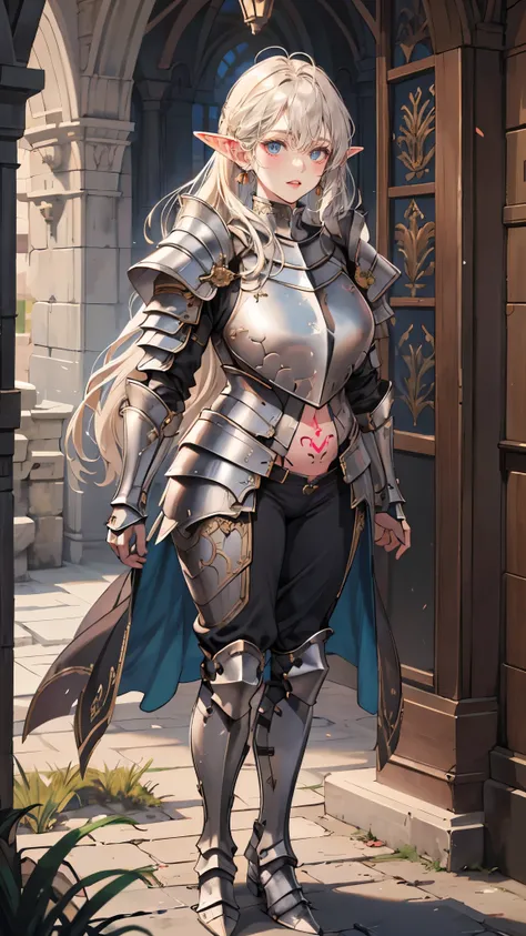 1girl, elf, (elf ear),(tall stature elf), full body, woman in her 20s, (((only 1person))), large breast, (((open chest, womb tatto))), With a round face, Round jaws, Close-up of a woman in armor, Armor girl, female knight, full armor, full armor, gorgeous ...