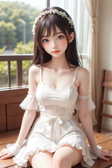best quality, Masterpiece, Very Cute and Gentle Girl , ( lori), ( White Detailed Princess Dress with Lots of Frills), (Beautiful and delicate face), beautiful long hair, Delicate dress, white dress, The skirt is layered , Young Japanese Girl ,