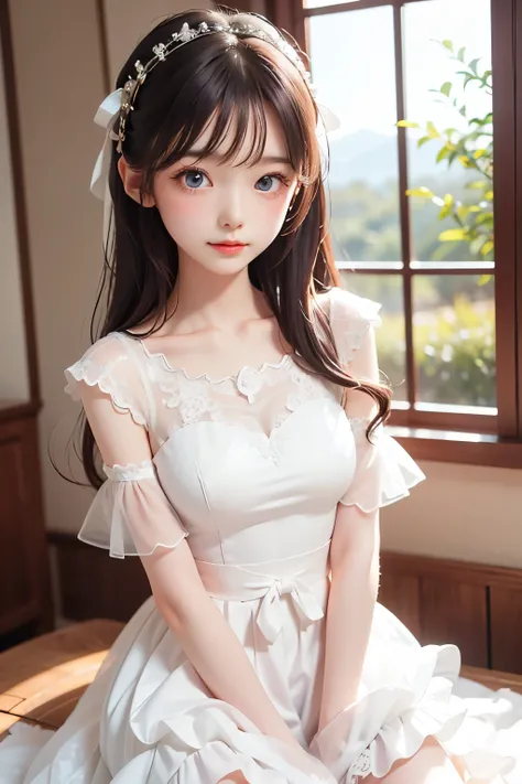 best quality, Masterpiece, Very Cute and Gentle Girl , ( lori), ( White Detailed Princess Dress with Lots of Frills), (Beautiful and delicate face), beautiful long hair, Delicate dress, white dress, The skirt is layered , Young Japanese Girl ,