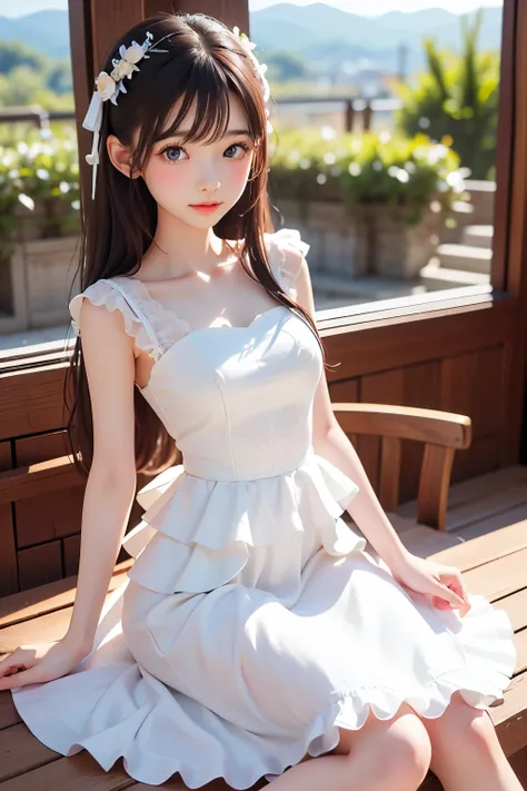  best quality,  Masterpiece,  Very Cute and Gentle Girl , ( lori), ( White Detailed Princess Dress with Lots of Frills), (Beautiful and delicate face),  beautiful long hair, Delicate dress,  white dress, The skirt is layered , Young Japanese Girl ,