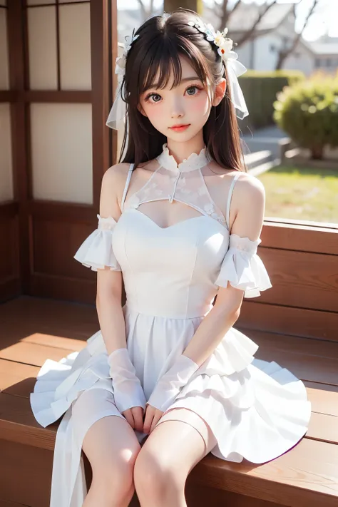 best quality, Masterpiece, Very Cute and Gentle Girl , ( lori), ( White Detailed Princess Dress with Lots of Frills), (Beautiful and delicate face), beautiful long hair, Delicate dress, white dress, The skirt is layered , Young Japanese Girl ,