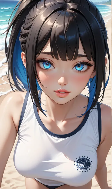 ((Random porn pose)), (Cute girl), ((Ultra detailing)), (very aesthetic, best quality, ultra detailed), intricate details, 1girl, Black hair, short hair, (ponytail), Blue inner hair  ,,((Detailed eyes)), ((Beautiful eyes)), ((prefect eyes)), ((Beautiful li...