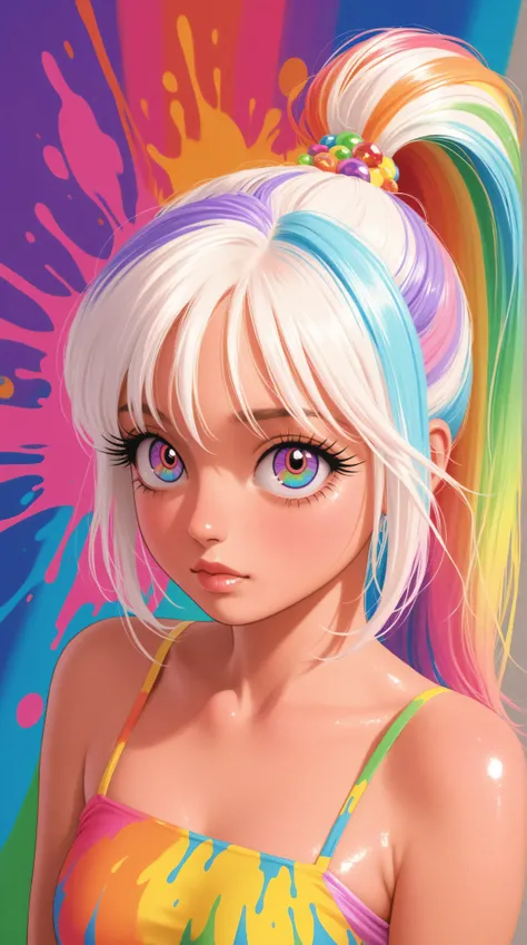 Rainbow of all colors , front,big eyes, crystal -clear, (rainbow color gradient high ponytail, long eyelashes,looking at the audience,big watery eyes, rainbow hair color, Color explosion, Color splash, Color explosion, Lacquer style bold, Messy stripes, sh...