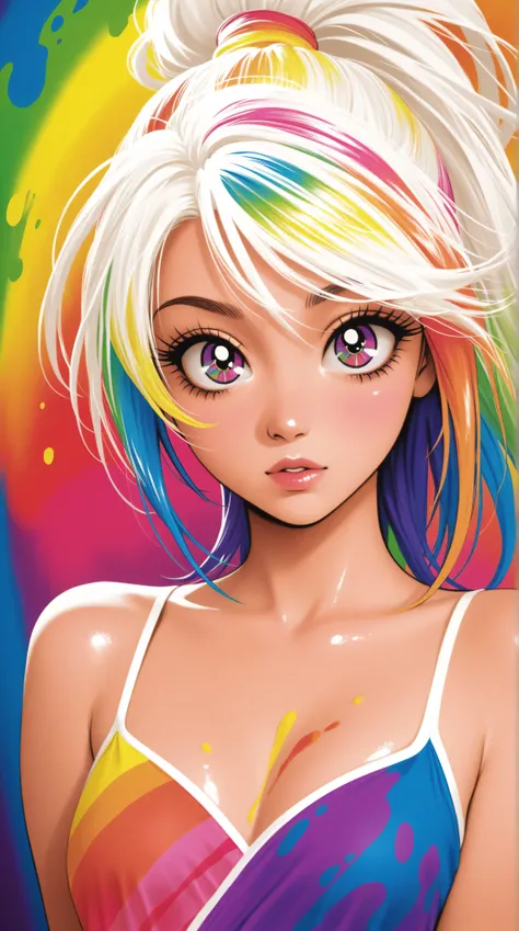 Rainbow of all colors , front,big eyes, crystal -clear, (rainbow color gradient high ponytail, long eyelashes,looking at the audience,big watery eyes, rainbow hair color, Color explosion, Color splash, Color explosion, Lacquer style bold, Messy stripes, sh...