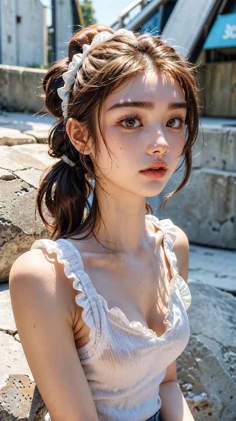 Ultra HD 4K,'s greatest masterpiece,(( ponytail and scrunchies ,Detailed Beautiful Skin ,22 years old, face focus:1.4)), looks like an adult,Mid-chest,((pure white sleeveless , slender body portrait))