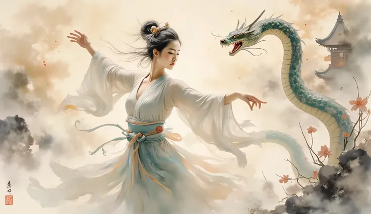 fine art chinese ink painting depicting harmonious dance between celestial snake and classical chinese beauty, woman's traditional hanfu robes flow in spiritual dance, dreamy clouds surround figures, architectural silhouette of forbidden city in far backgr...
