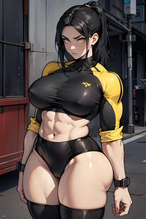 ((muscular girl)) huge breasts toned body black hair yellow eyes solo pale skin tight shirt solo solo thick