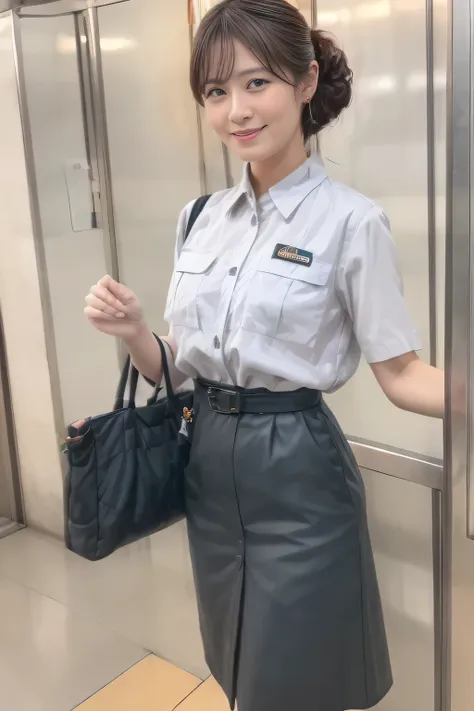 ( Masterpiece:1.2, Top Quality :1.2), 32kHDR, Hi-Res、( Daytime building roof 、 professional lighting)、Building rooftop background、( Tokyo subway woman crew uniform )、( Tokyo subway woman crew uniform blouse short sleeve 、 above knee culotte skirt、 ...