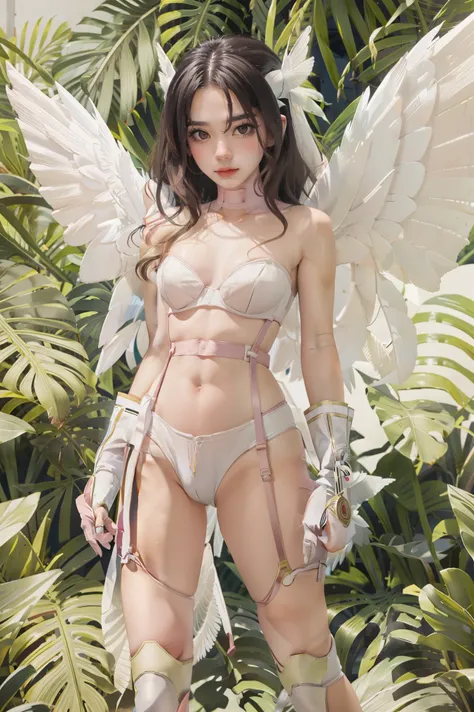 best quality, intricate details,
1girl,  Angewomon, white multiple wings, white wings, pink hagoromo, single glove, strapless,white bodysuit, gold strapless bra, black belt, two belts, collabrone, bare shoulders, body, full body,