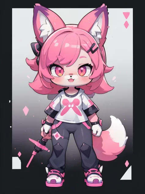 Female hairy pink fox , Fox Ears , three fox tail , wide hips , White Skin Body , simple background , full body, standing, chibi. (cyberpunk style), ( High Quality , thong, 8k, high resolution), ((estilo chibi, chibi cute)), ( alone, A girl )...