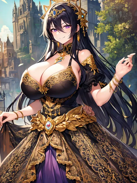 (((Solo))), absurdly gigantic breast, ((1 black hair Queen)), arrogant, haughty,Sharp eyes,(((absurdly gigantic breast))), Skindentation, ((detailed face and eyes)),(((smirk))),((absurdly long Straight black hair)), (((Bangs between eyes))), ((Purple Eyes)...