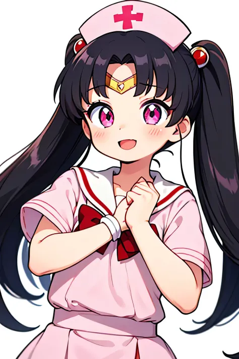 Alone, Masterpiece,  best image quality,  ultra high resolution, ( in a determined pose), long hairstyle with twin tails,  black hair,  red face,  Embarrassing Smile , Mock,  open her mouth just a little bit  , ( short sleeve pink sailor suit ), ( upper bo...