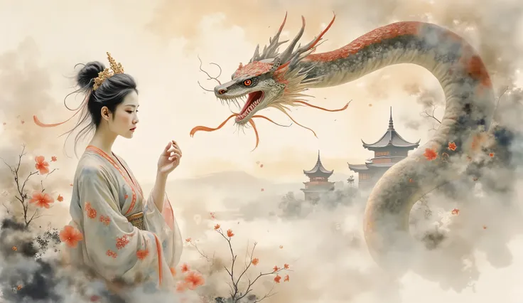 delicate chinese watercolor artwork showing graceful interaction between serpent and maiden, woman wears traditional qing dynasty costume with intricate embroidery, snake flows through air like silk ribbon, atmospheric clouds frame the scene, distant templ...