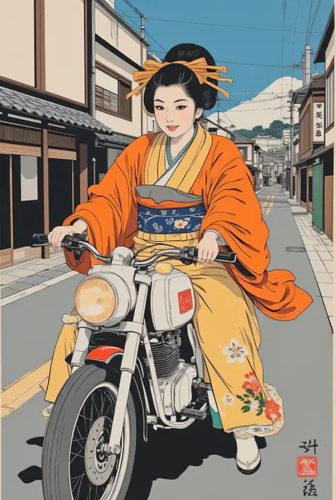 Ukiyo-e style, A smiling maiko riding a motorbike through the streets of Edo, Ukiyoe on Japanese paper, Kimono, flat color anime, ff-fbs, headshot, (upper body, half body photo, closeup shot:1.2).