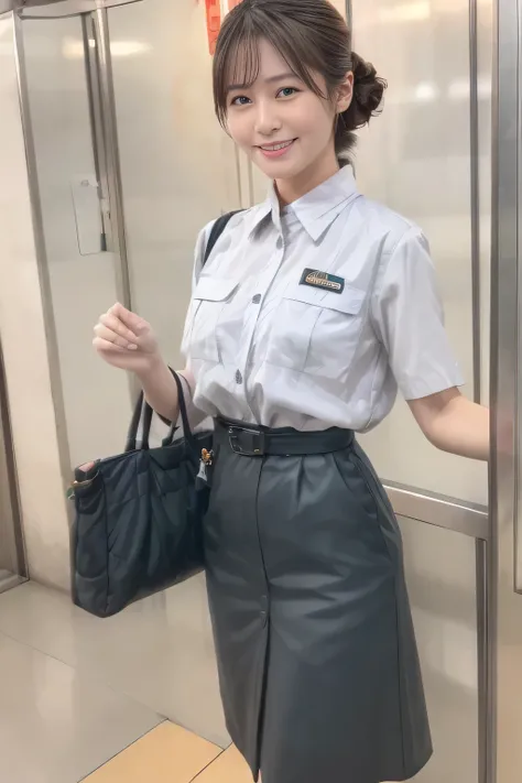 ( Masterpiece:1.2, Top Quality :1.2), 32kHDR, Hi-Res、( Daytime building roof 、 professional lighting)、Building rooftop background、( Tokyo subway woman crew uniform )、( Tokyo subway woman crew uniform blouse short sleeve 、 above knee culotte skirt、 ...