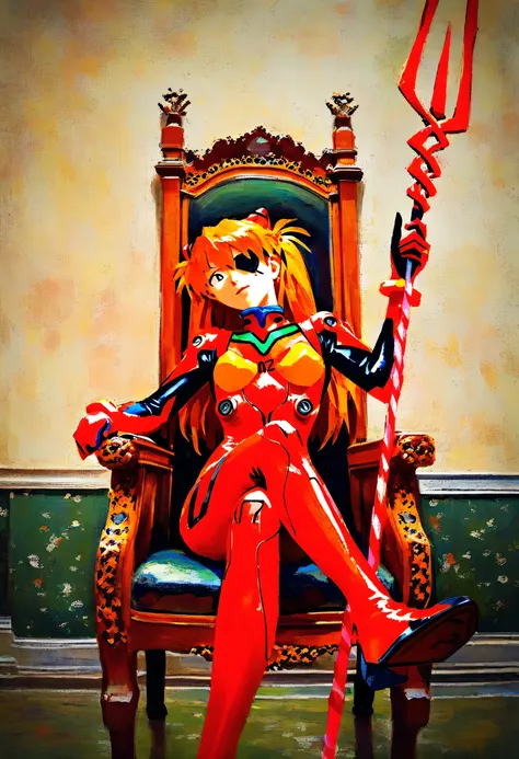 1girl, souryuu asuka langley, neon genesis evangelion, eyepatch, red plugsuit, sitting, on throne, crossed legs, head tilt, holding weapon, lance of longinus \\(evangelion\\), cowboy shot, depth of field, faux traditional media, painterly, impressionism, p...