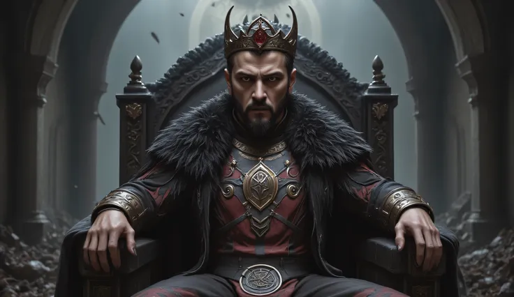 the king sits on the throne , the king is fully visible from head to toe, Gothic , man,  king gothic style , Horinis ,Gothic ,the environment is different everywhere