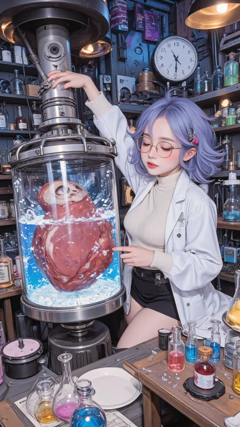 (masterpiece, best quality, amazing quality, very aesthetic, absurdres, newest, good anatomy, good finger), (laboratory, A large liquid-filled incubation chamber, center), (A chunk of meat with one eye, mysterious machine) BREAK holding the Hatching Chambe...