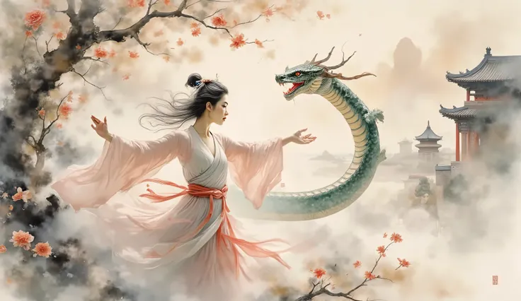 fine art chinese ink painting depicting harmonious dance between celestial snake and classical chinese beauty, woman's traditional hanfu robes flow in spiritual dance, dreamy clouds surround figures, architectural silhouette of forbidden city in far backgr...