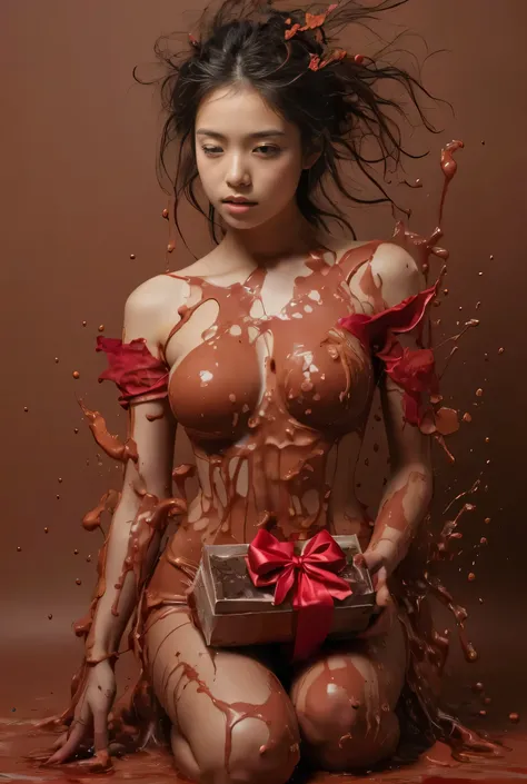 (  Top Quality,4K,  Hi-Res , Masterpiece:1.2),  by Nomi , Detailed RAW photos、one woman in a chocolate bikini、16-year-old baby-faced Japanese high school model 、Big boobs and a slender figure 、A large amount of brown paint is bathed all over her body 、 A l...