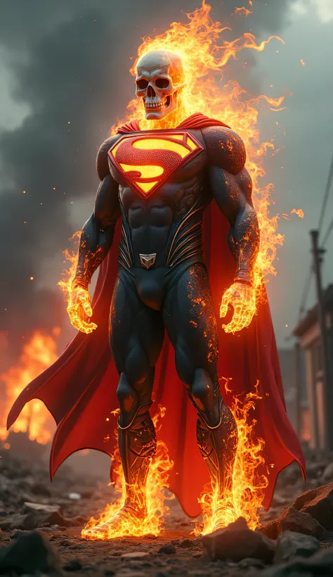 Superman fusion with ghost rider, Superman logo, body is covered with fire, ghost rider His head is a flaming skull with deep, hollow eyes, exuding a ghostly presence, black dirty Superman outfit, fire burning in the background blurred back, on pedestrian,...