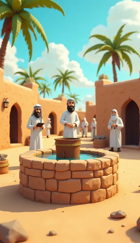 A Cartoony 3D Image .It is the old era of Arabia. There are mud houses and palm trees. There is a well. An old mud well with a bucket on top. Some Muslims are standing around it. There is also a Jew who is selling water for money.. Animated Picture 