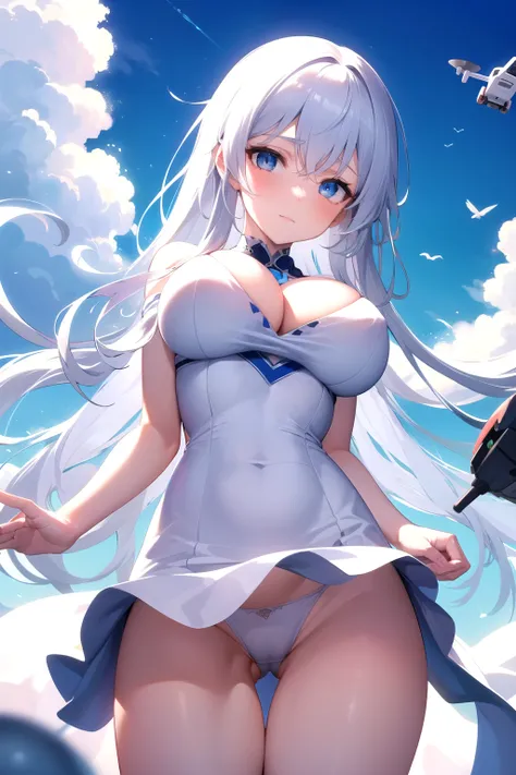 (( better quality)), (( Masterpiece )), ( in detail), 1 cute girl, Ghost,  drones with long white hair ,  blue eyes,  bud with big breasts, with a beautiful sweet face,  in a white dress , flies above the clouds ,  and uses the magic of a blue-colored flam...