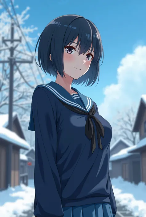     Japanese countryside , high school student,(( alone)), anime style ,Otaku girl with black hair ,   very short hair,  boyish,  , alone,  navy blue long sleeve sailor suit,Early Winter Morning , subjective point of view, Turn Here,( facing the front), cl...