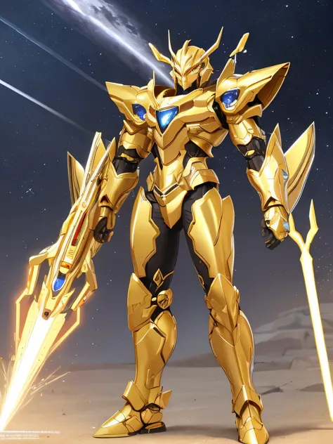 Male, sci-fi, Golden aura, Golden Silver cool cyborg, armor weapon, sci-fi looking armor, long-range weapon, Golden Silver armor's color, full armor, Golden Technology Magnum, Golden Silver color, High tech armor, Golden Silver Magnum, Golden Silver gun, l...