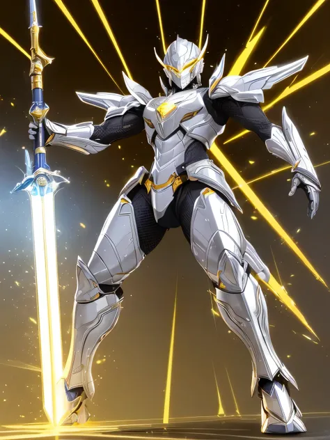 Male, sci-fi, Golden aura, Golden White Silver cool cyborg, armor weapon, sci-fi looking armor, range weapon, Golden White Silver armor's color, full armor, Golden Technology sword, only armor, Golden White Silver color, male armor, hero armor, High tech a...