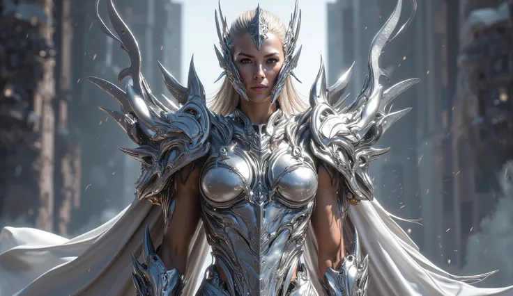 IMPOSING FEMALE WARRIOR USING A SILVER ARMOR,  high resolution,  Anatomically correct ,  Awarded multiple times, detail, details altos, quality,  Ultra HD,  High Quality, 