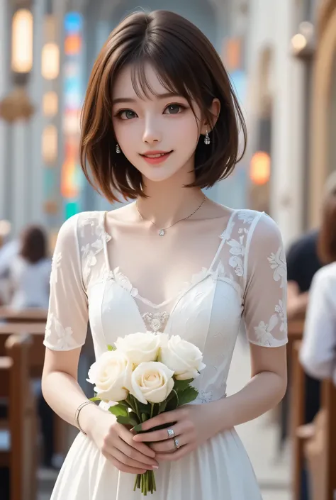  upper body， facing directly、sexy fine flower pattern lace wedding dress， diamond necklace，((((Sexy )))), Sexy chest,  Shortcut with Bangs, I'm holding a bunch of white roses in my hand｡ Happy Expression ，Inside the white-decorated church ， light is reflec...