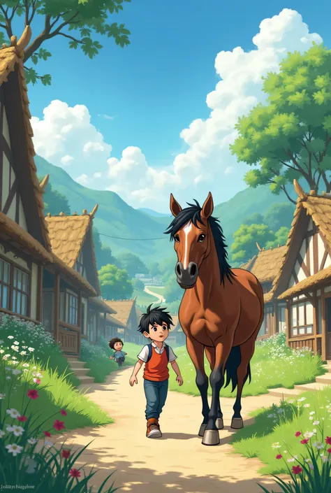 I want an anime picture of the story of Joh and his horse in the village 