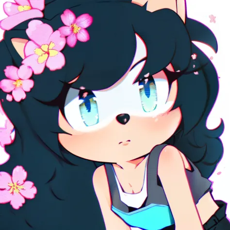 1girl, whitish light gray fur, hedgehog, long black wavy hair, masterpiece, (white tank top:1.4), bra straps, 4k, black shorts, white wrist rings, turquoise eyes, cherry blossoms
