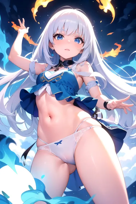 (( better quality)), (( Masterpiece )), ( in detail), 1 cute girl, Ghost,  drones with long white hair ,  blue eyes,  in white underwear, flies above the clouds ,  and uses the magic of a blue-colored flame, 