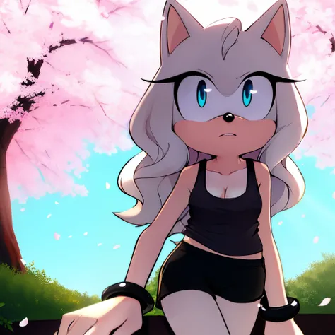 1girl, whitish light gray fur, hedgehog, long black wavy hair, masterpiece, (white tank top:1.4), bra straps, 4k, black shorts, white wrist rings, turquoise eyes, cherry blossoms
