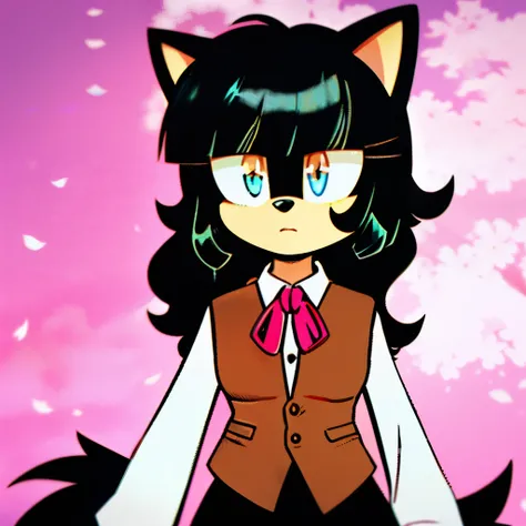 1girl, black fur, cat, cat tail, long black wavy hair, fringe trim bangs, 3 large bangs, peach colored muzzle, peach colored inner ears, masterpiece, white collared blouse, brown vest, closed vest, skirt, turquoise eyes, cherry blossoms
