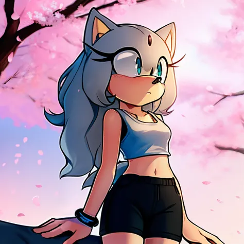 1girl, light gray fur, hedgehog, long wavy hair, masterpiece, (white tank top:1.4), bra straps, 4k, black shorts, white wrist rings, turquoise eyes, cherry blossoms
