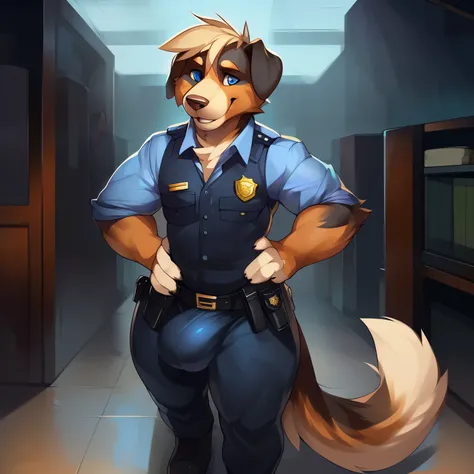 Solo, anthro, male (((Bernese mountain dog, blue eyes, black pupils, thin, wide hips, thick thighs, black body, brown fur, tan fur, tan hair, long snout, floppy ears, multicolored fur, tail, police officer uniform, police pants, big bulge))) standing, smil...