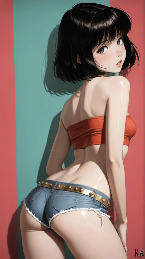 style retro classic, master piece:1.5、(minimal art, line drawing), Wildlife, ((Best resolution)), (HotLexi woman), Solo, young asian girl, (mini-shorts, crop strapless), (beautiful perfect face), Kizi，(eyes looking off to side), Highly detailed, Amazing wo...