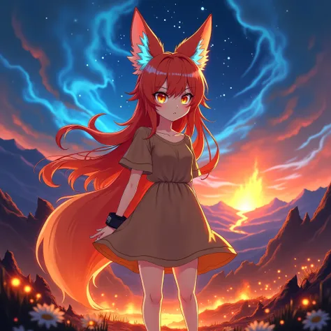 Create an anime-style character design of a fiery fox girl standing in a vibrant, mystical landscape. She has long, flowing red hair that transitions into shades of orange and fiery red, with glowing blue highlights on her pointed fox ears, which are large...