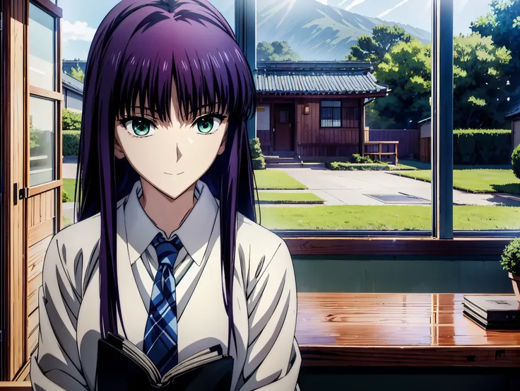  staring at me,evening,Sunshine through the window,after school,classroom,indoor,赤  purple hair,  green eyes,  eyes like jewels,((最  high quality)), ((  Masterpiece)), (  Details),  1 girl ,  sexy,smile face,  blazer uniform,赤  purple hair,  green eyes ,  ...