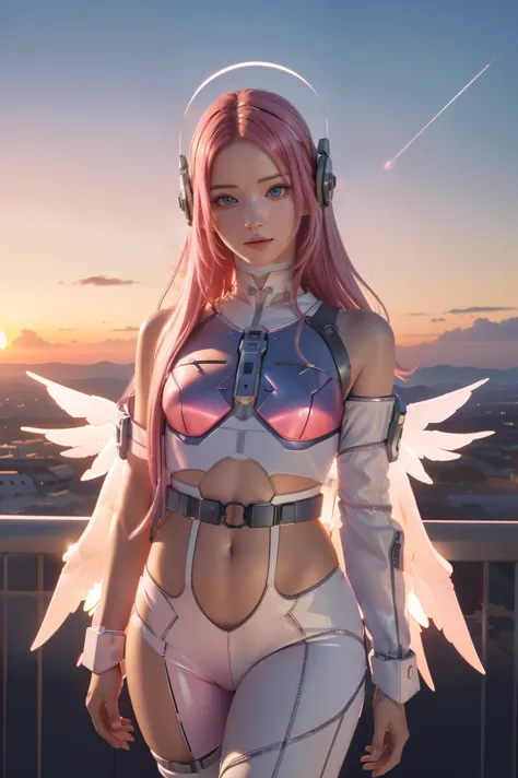 ((masterpiece, best quality, extremely detailed), volumetric lighting, ambient occlusion, colorful, glowing), 
1girl, solo, young girl, (pink hair), long hair, halo, aura, sacred, godness, cyber suit, (white outfit:1.3), android, bot, angel wings,
outdoors...