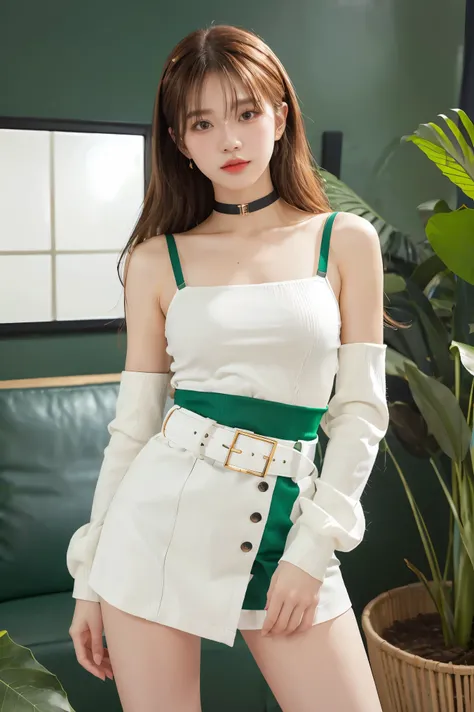 long hair, face shape, black suspender undershirt (long sleeves, bare shoulders, open waist), white miniskirt, belt at waist, light green high boots, sexy, open waist, long legs, rich details, masterpiece, superlative, realistic, HD, photographic lighting,...