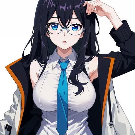 1girl, anime, black_long_hair, blue_eyes, eyeglasses, big_breasts, sleeveless, blue_necktie, white_open_coat, white_background, looking_at_viewer